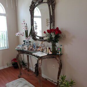 Luxury Console & Mirror Set – Beveled Glass & Gold Leaf Accents Sale: $1550